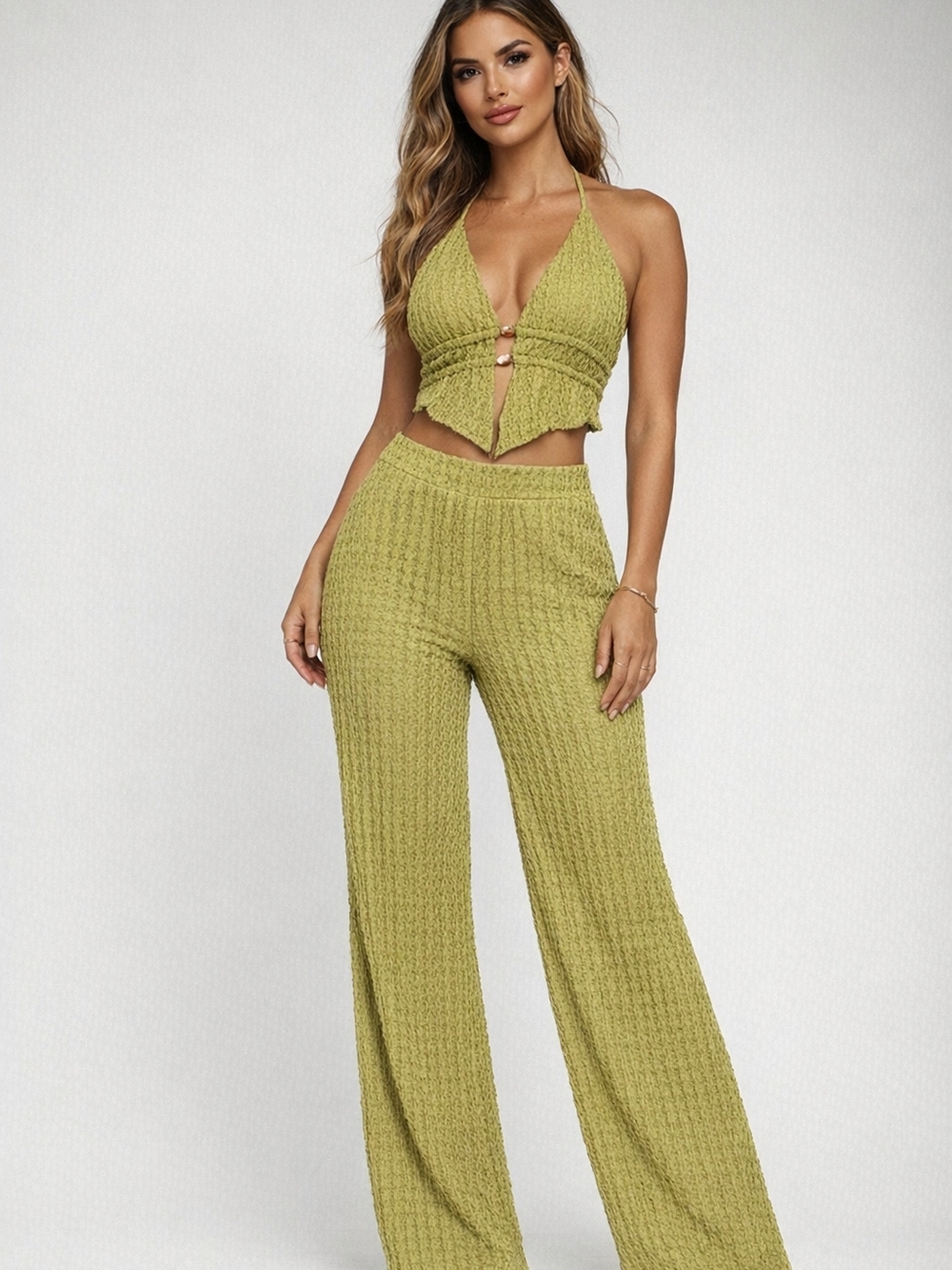 Olive Textured Halter Crop Top & Wide-Leg Pants Set. NWT. XS